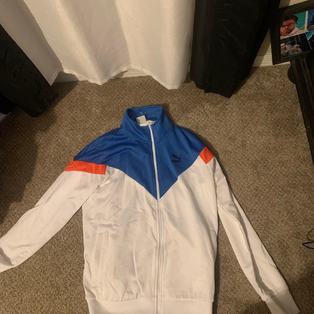 Puma Track Jacket – Men’s Large White/Blue Zip-Up Retro Windbreaker